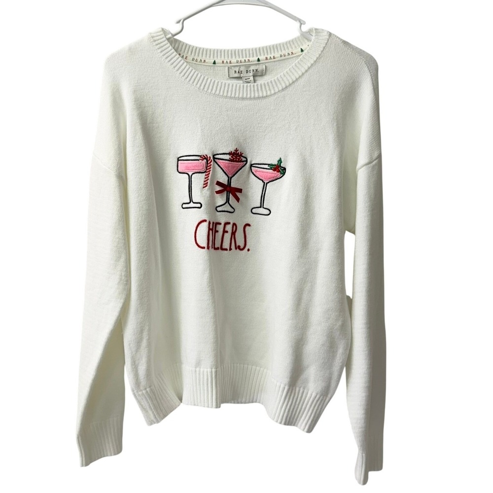 Rae Dunn Sweater Women Medium Gardenia Cheers Cocktail Holiday Drop Shoulder